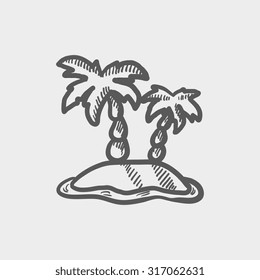 Two palm trees on an island sketch icon for web, mobile and infographics. Hand drawn vector dark grey icon isolated on light grey background.