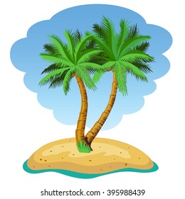 Two palm trees on the island. Illustration. Vector.