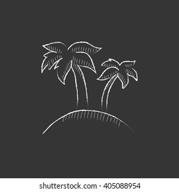 Two palm trees on island. Drawn in chalk icon.