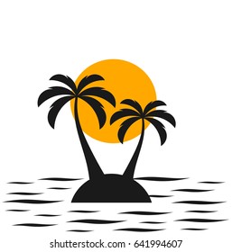 Two palm trees on the island. Sea and sunset