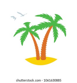 Two palm trees on a sandy island with flying past gulls. Icon. Vector illustration