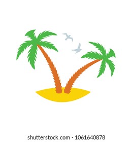 Two palm trees on a sandy island with flying past gulls. Icon. Vector illustration