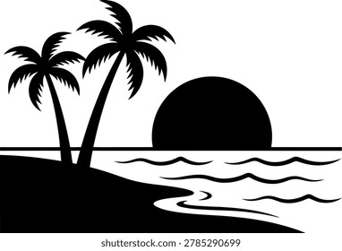 Two palm trees on sandy beach with sunset ocean horizon vector graphic in high contrast black and white art style