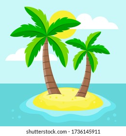 Two palm trees on a small island. Vector illustration.