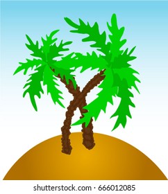 Two palm trees on a small deserted island