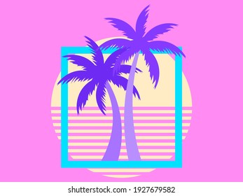 Two palm trees on a sunset 80s retro sci-fi style. Summer time. Futuristic sun retro wave. Design for advertising brochures, banners, posters, travel agencies. Vector illustration