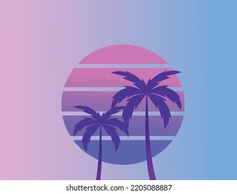 Two palm trees on a sunset 80s retro sci-fi style. Summer time. Futuristic sun retro wave. Design for advertising brochures, banners, posters, travel agencies. Vector