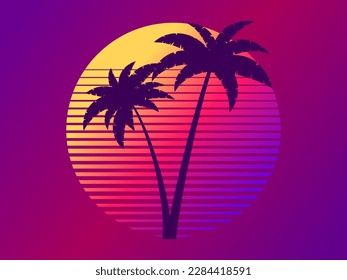 Two palm trees on a sunset 80s retro sci-fi style. Summer time. Futuristic sun retro wave. Design for advertising brochures, banners, posters, travel agencies. Vector illustration