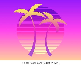 Dos palmeras en un atardecer de los años 80 estilo retro de ciencia ficción. Hora de verano. Onda retro solar futurista con color gradiente. Diseño de folletos publicitarios, pancartas, carteles, agencias de viajes. Ilustración del vector