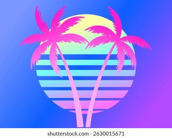 Two palm trees on a sunset 80s retro sci-fi style. Summer time. Futuristic sun retro wave. Design for advertising brochures, banners, posters, travel agencies. Vector illustration