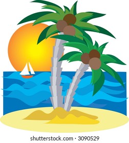 Two palm trees and a sailboat