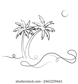 Two palm trees and sea waves One line drawing.Abstract tropical landscape continuous art line.Concept of summer vacation