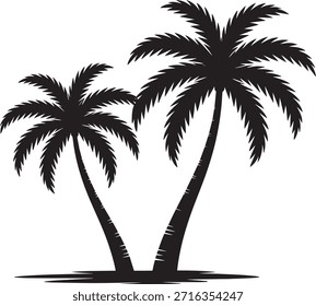 Silueta de dos palmeras aisladas sobre fondo blanco: Ilustración vectorial tropical de cocotero de playa para viajes, naturaleza o diseño de verano