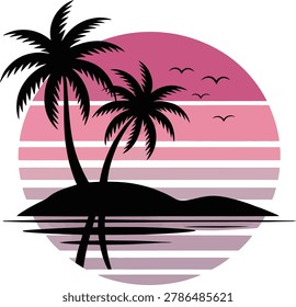 Two palm trees silhouette on a small island at sunset with birds flying over calm ocean water isolated on transparent background