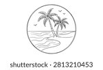 Two palm trees stand near wavy ocean water on a sandy beach
