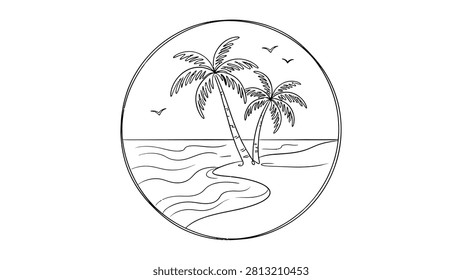 Two palm trees stand near wavy ocean water on a sandy beach