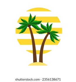 Two palm trees and sun flat illustration isolated on white background