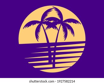Two palm trees at sunset. Romantic tropical sunset. 80s Retro style. Design for advertising brochures, banners, posters, travel agencies. Vector illustration