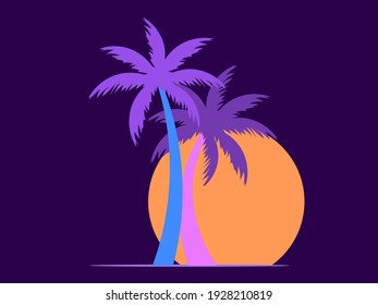 Two palm trees at sunset. Romantic tropical sunset. 80s Retro style. Design for advertising brochures, banners, posters, travel agencies. Vector illustration