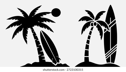 Two palm trees with surfboards leaning against them on a beach, one with sunglasses hanging from its fronds.