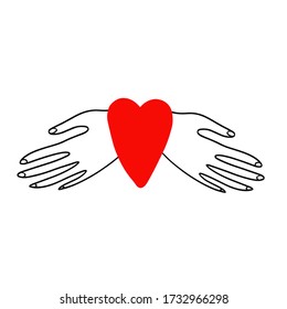 Two palms connected by a red heart Declaration of love. Charity, help, assistance, support and health care concept. Vector illustration on white background.  