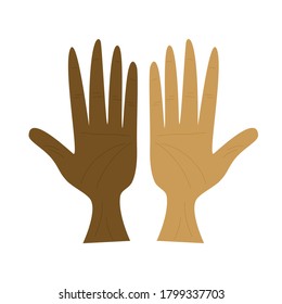 Two palms of different colors are isolated on a white background. Vector illustration in a simple flat style. The African-American palm and the white palm together as a sign of the Commonwealth