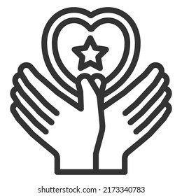 Two palms folded into wings, a heart and a star inside, a symbol of peace - vector sign, web icon, illustration on a white background, outline style