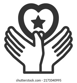 Two palms folded into wings, a heart and a star inside, a symbol of peace - vector sign, web icon, illustration on a white background, glyph style
