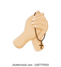 Two Palms Folded In Prayer Gesture Praying To God. Praying Human Hands Holding Brown Wooden Rosary Beads And Crucifix. Christianity Religious Symbol Cartoon Vector