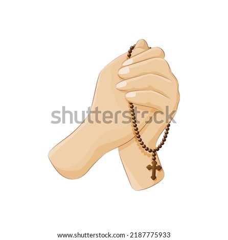 Two palms folded in prayer gesture praying to god. Praying human hands holding brown wooden rosary beads and crucifix. Christianity religious symbol cartoon vector