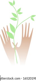 Two palms and a green twig with leaves. Emblem. Logo eco-life and thrift. Use eco products. Conserve nature and consume natural resources consciously. Vector drawing. gradient.