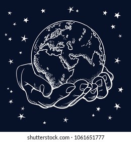 Two palms hold the globe. Earth in hands. Black night starry sky background.  Engraving gretro style. Esoteric, philosophic, environment concept. Vintage hand drawn sketch vector illustration isolated