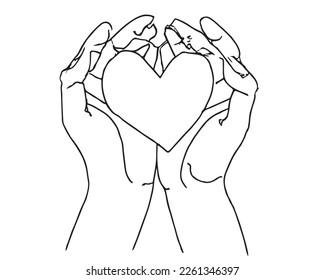 Two palms hold the heart, one-line drawing design. isolated on white. eps10. 