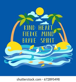 Two palms in the island at the sea with lettering. Vector illustration