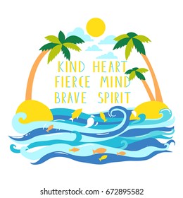 Two palms in the island at the sea with lettering. Vector illustration