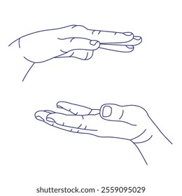 Two palms opposite each other. Gesture contour vector sketch illustration. Space between hands