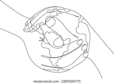 Two palms squeeze each other and form a symbol of our planet. International Day of Living Together in Peace. One line drawing for different uses. Vector illustration.