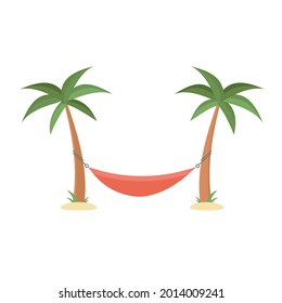 Two palms stand among the sand in the hot summer sun, and a red hammock is stretched between them