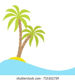 Two palms tree on island, ocean, see water wave. Exotic tropical landscape. Flat design. White background. Isolated. Vector illustration
