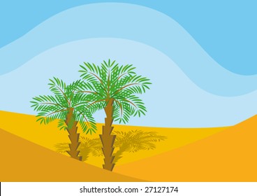 Two palm-trees in a desert. Vector illustration.