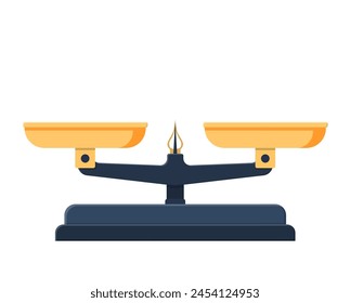 Two pan balance icon. Weighing scale with golden pans and pointer and gray base. Vector illustration in flat style