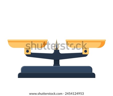 Two pan balance icon. Weighing scale with golden pans and pointer and gray base. Vector illustration in flat style