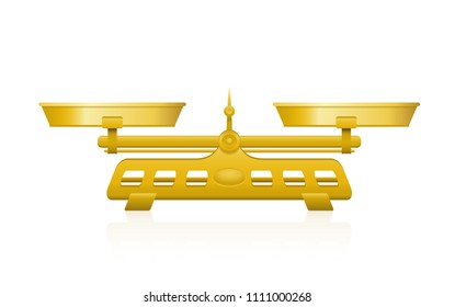 Two pan balance. Weighing scale with golden pans and pointer and gray base - balanced and unbalanced, equal and unequal weightiness. Three-dimensional isolated vector illustration on white background.