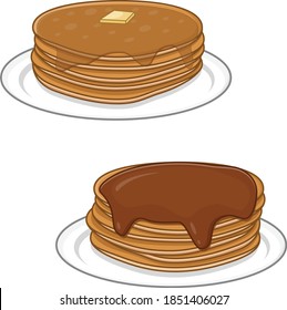 Two Pancakes With Applesauce And Chocolate Cream Toping. Vector Illustration Design.