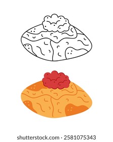 Two pancakes folded into a rectangle with caviar on top. Hand drawn clip art for your project.