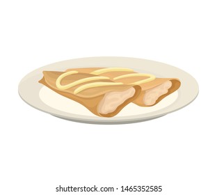 Two pancakes in the shape of a roll with a white filling. Vector illustration on white background.