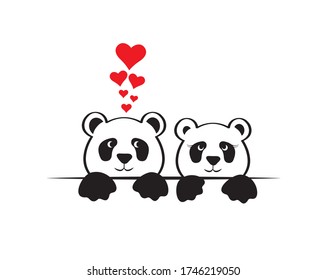 Two panda cartoon character behind the wall in love with red hearts, vector. Panda illustration. Childish wall decals, wall art, artwork. Minimalist art design isolated on white background
