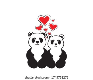 Two panda cartoon character in love with red hearts, vector. Panda illustration. Childish wall decals, wall art, artwork. Minimalist black and white art design isolated on white background.