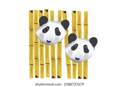 Two panda heads and bamboo in the background