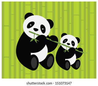 Two pandas. Adult and young panda sit and hold the bamboo branch. Vector illustration